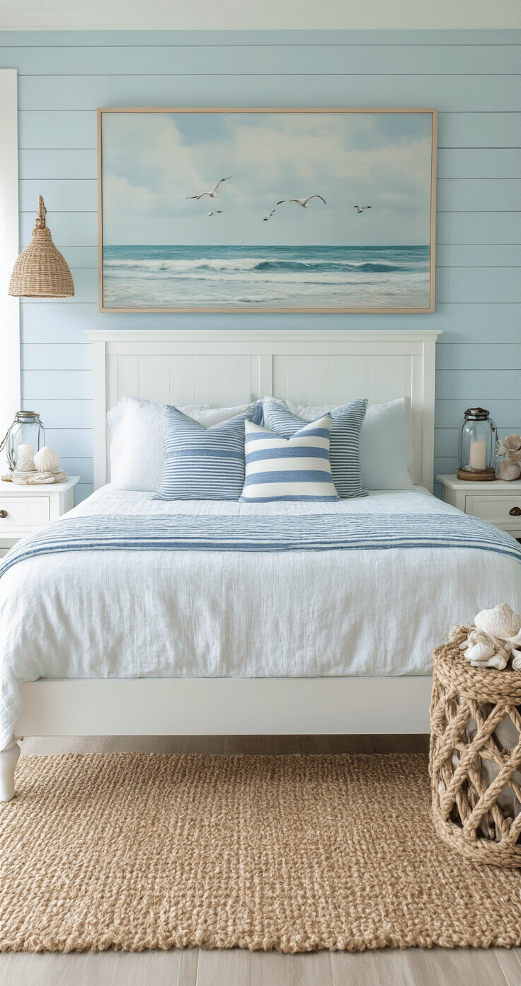 Coastal-themed teen bedroom featuring a light blue shiplap accent wall, white wooden bed frame, oversized seascape artwork, woven jute rug, and decorative driftwood elements, filled with soft diffused natural light.