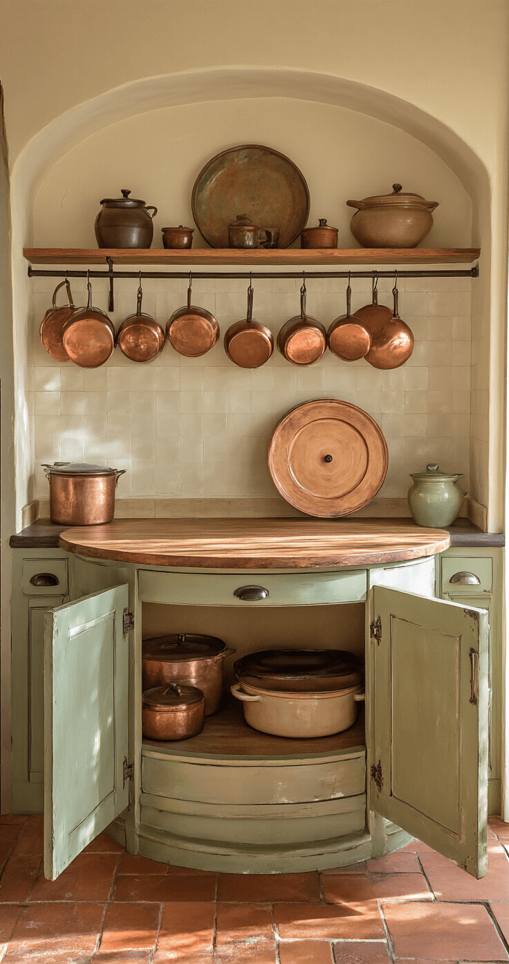 Warm farmhouse kitchen featuring a vintage lazy Susan in a deep corner cabinet, bathed in golden afternoon sunlight, with copper pots on a wall-mounted rack, terracotta floor tiles, open shelves showcasing antique ceramic containers and cast iron cookware, all in a cozy color palette of burnt sienna, cream, and sage green.