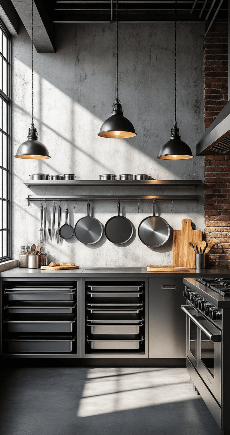 Industrial loft kitchen featuring vertical stainless steel tray dividers, concrete and exposed brick walls, with neatly organized baking sheets and cutting boards, bathed in early morning light that casts dramatic shadows, showcasing a high-contrast black and white color scheme and emphasizing metallic textures and geometric lines.