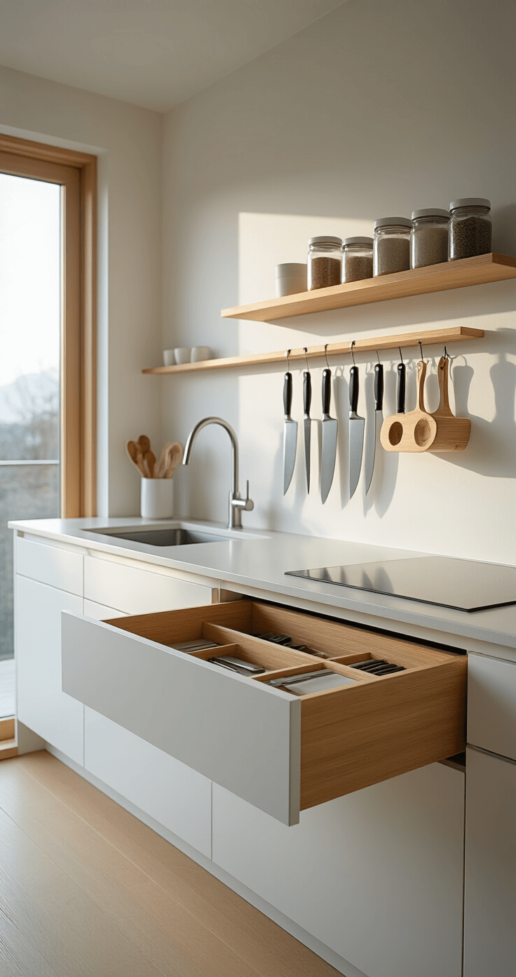 A minimalist Japanese-inspired kitchen featuring a magnetic knife strip, wall-mounted spice rack, and bamboo pull-out drawer organizers, all bathed in soft morning light, emphasizing a zen-like organization and monochromatic scheme of whites and soft grays, captured with extreme precision and clean lines.