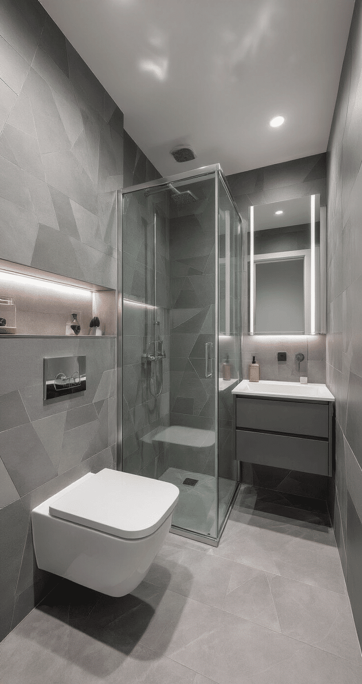 A compact modern bathroom featuring a wall-mounted toilet, floating glass shower enclosure, sleek storage solutions, minimalist geometric tiles in a monochromatic gray palette, accent lighting, and a mirror that enhances spatial dimensions, all captured in precision-focused architectural photography.