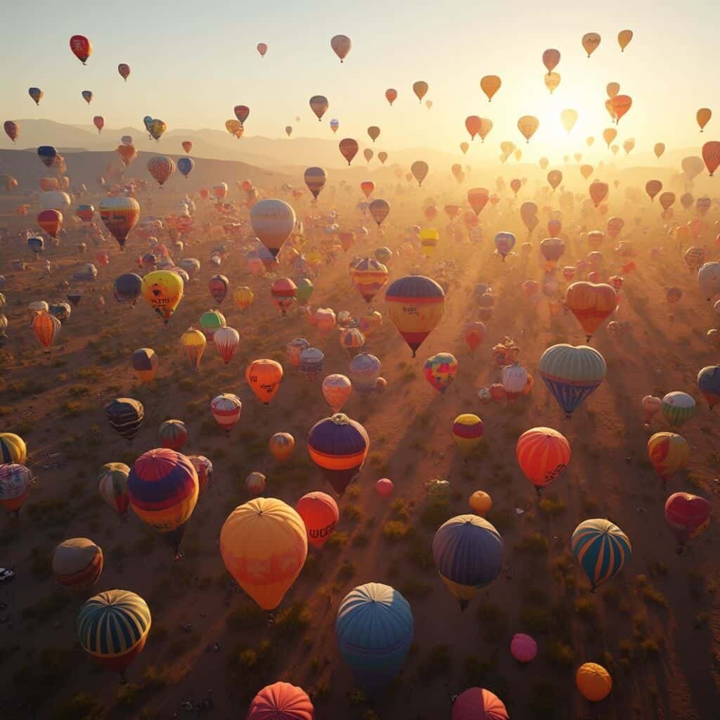 Panoramic view of numerous colorful hot air balloons in various shapes launching at dawn against Albuquerque, New Mexico's landscape and Sandia Mountains backdrop