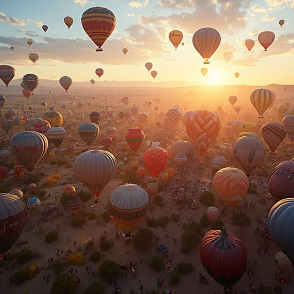 Hot air balloons of various shapes and colors floating above Albuquerque desert at dawn, with Sandia Mountains in the background