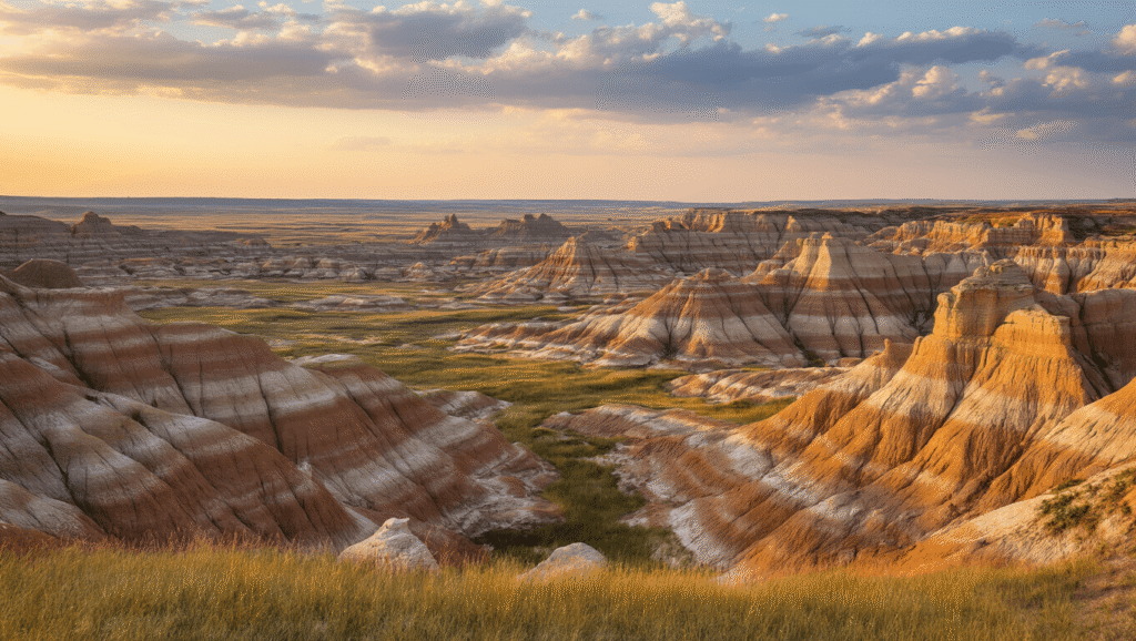 "Golden hour photograph of South Dakota's Badlands National Park showcasing layered rock formations, canyons, and mixed-grass vegetation"