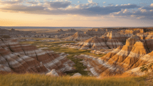 "Golden hour photograph of South Dakota's Badlands National Park showcasing layered rock formations, canyons, and mixed-grass vegetation"