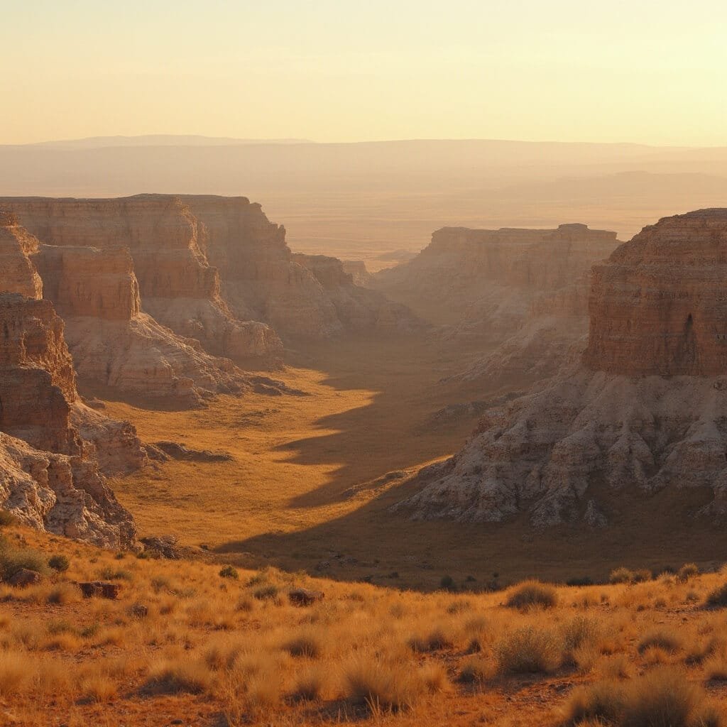 Panoramic view of Badlands National Park at golden hour, showcasing layered rock formations and rugged terrain