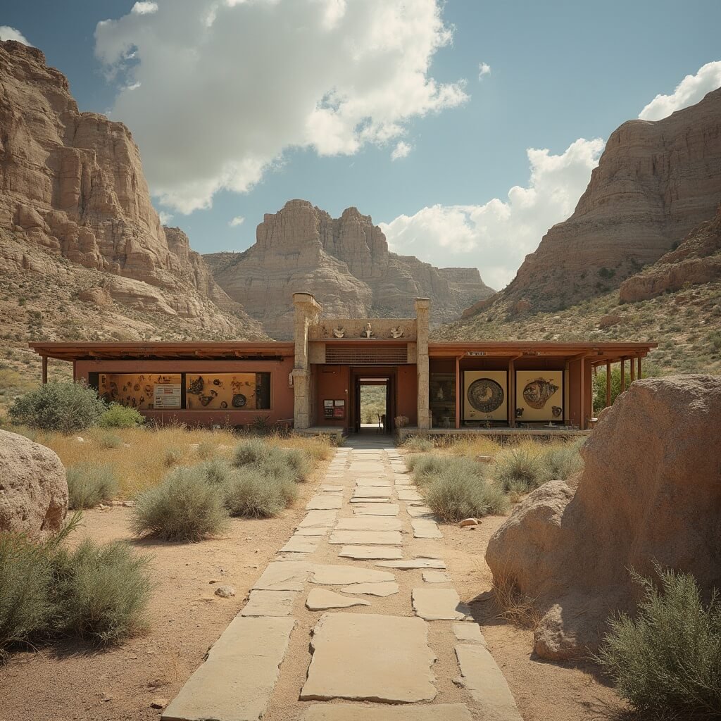 Documentary-style photo of Ben Reifel Visitor Center showcasing paleontological exhibits in the interior, and Badlands landscape, geological timeline, and Native American interpretive signage in the exterior, captured with a Leica SL2 camera.
