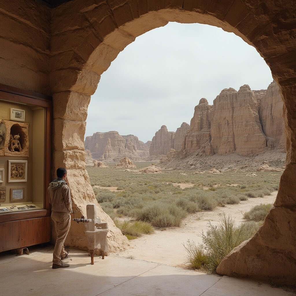 Anthropological documentary-style photograph of Ben Reifel Visitor Center with geological timeline in the backdrop of stark Badlands, foreground featuring detailed fossil exhibit in soft natural light.