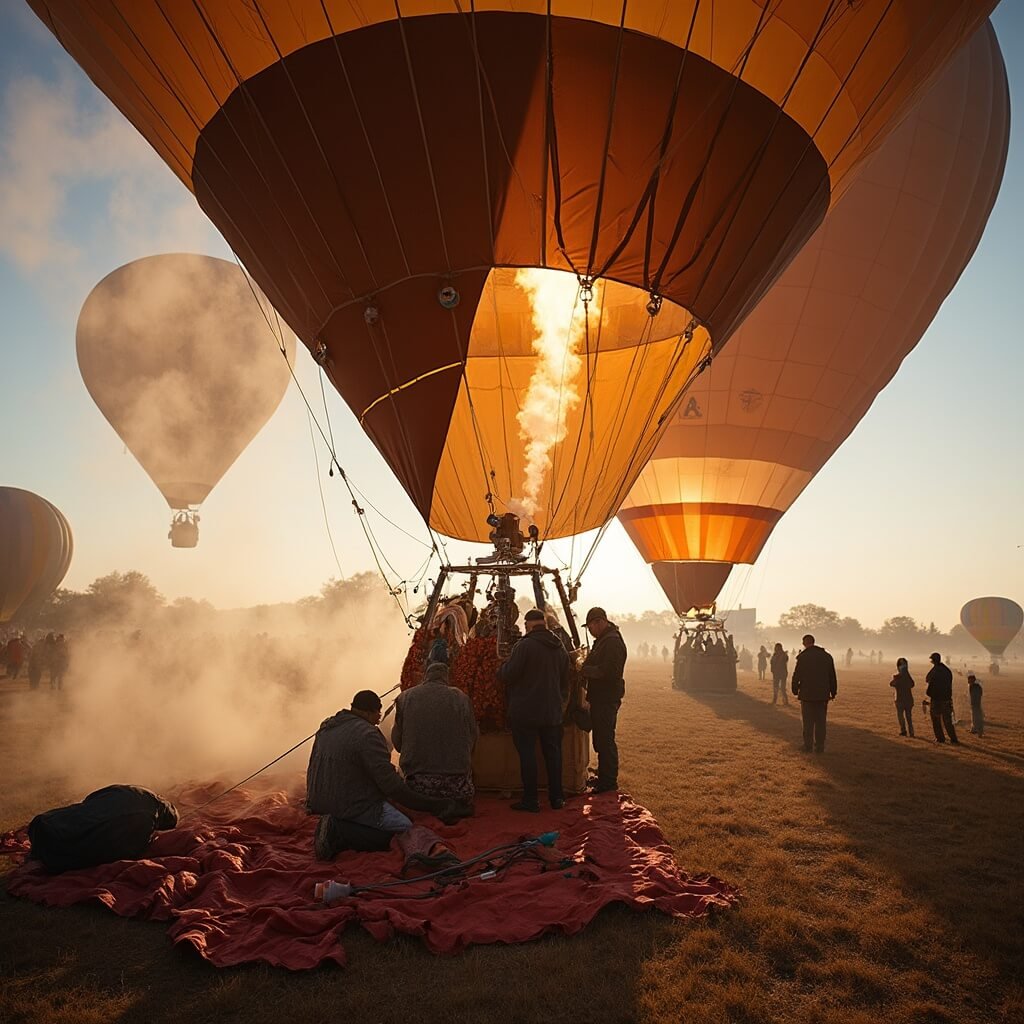 Balloon crews inflating hot air balloons at dawn with detailed technical elements and equipment visible at Balloon Fiesta Park.