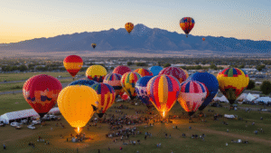 "Dawn at Balloon Fiesta Park with hundreds of vibrant hot air balloons in mid-flight and inflation stages, Sandia Mountains in the backdrop, spectators on the festival grounds, and special shaped balloons among traditional ones in golden hour lighting."