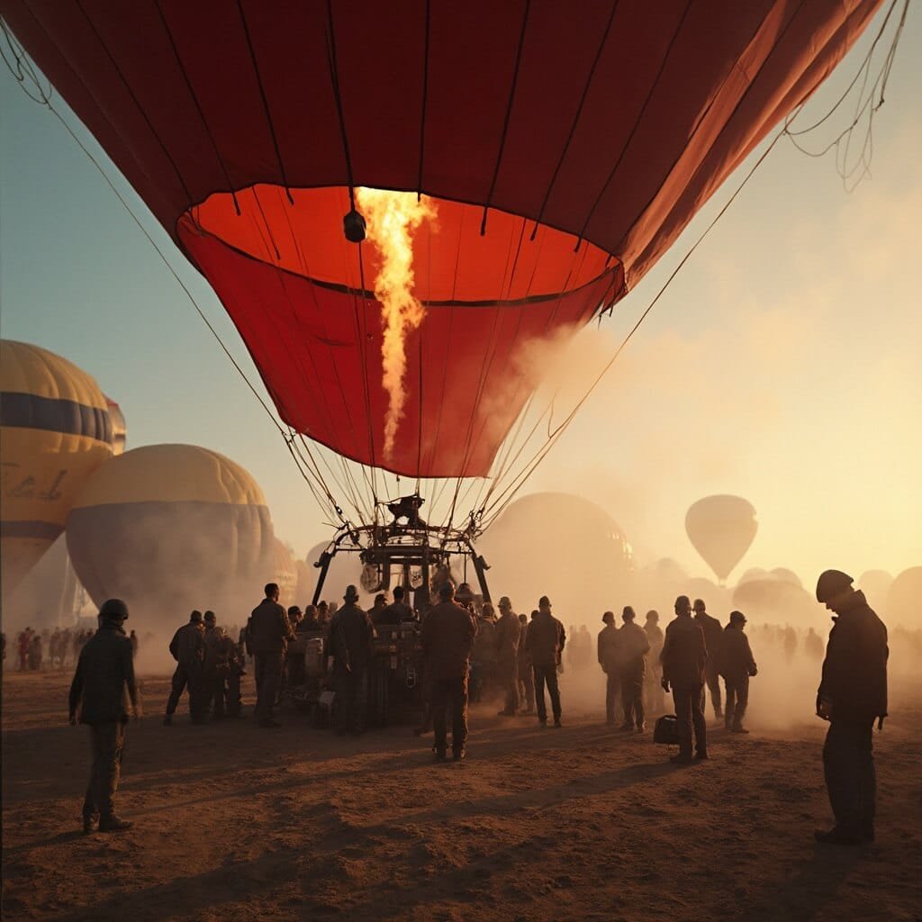 Hot air balloon crews preparing for launch at Balloon Fiesta Park in early morning light, with close-up details of balloon fabric, ropes and rigging visible.
