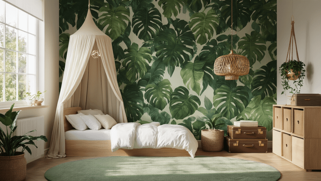 A sophisticated kids' bedroom featuring emerald monstera leaf wallpaper, a natural wood canopy bed, vintage suitcases for storage, macrame plant hangers, and warm brass lighting, all bathed in natural morning light.