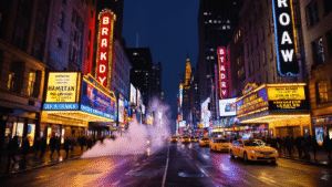 "Bright neon marquees of Broadway Theaters featuring show signs for Hamilton, The Lion King, and Wicked, with crowds of theatergoers, yellow taxis and a towering Broadway sign against a dark Manhattan sky at night."