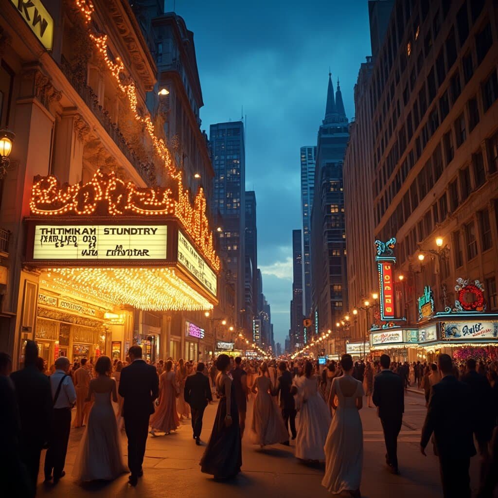 Bustling crowds in evening attire walking under illuminated Broadway theater marquees at twilight, with architectural details and warm amber and electric blue tones