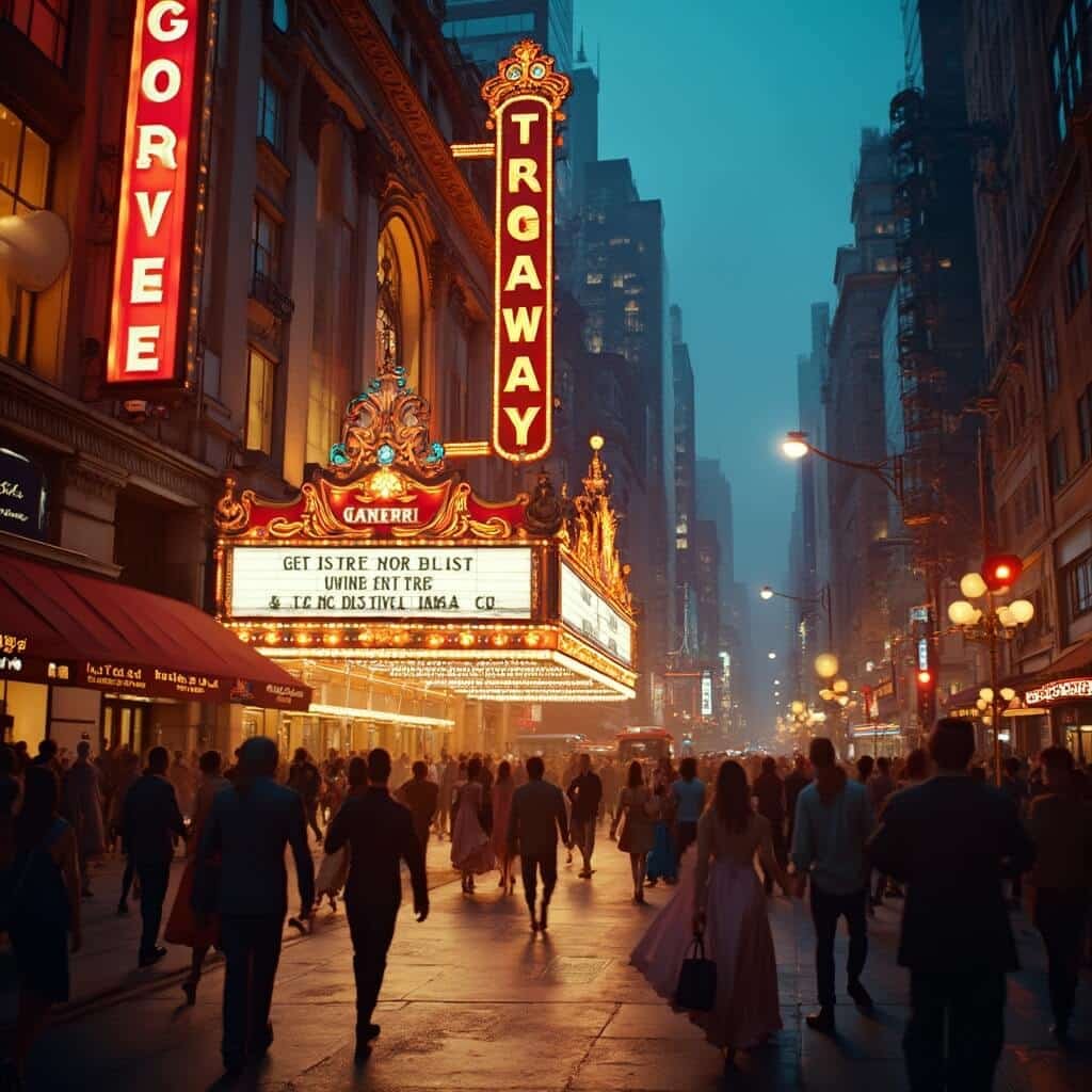 Bustling crowds in evening attire under the illuminated marquees of historic Broadway theaters at twilight, highlighted in warm amber and electric blue tones