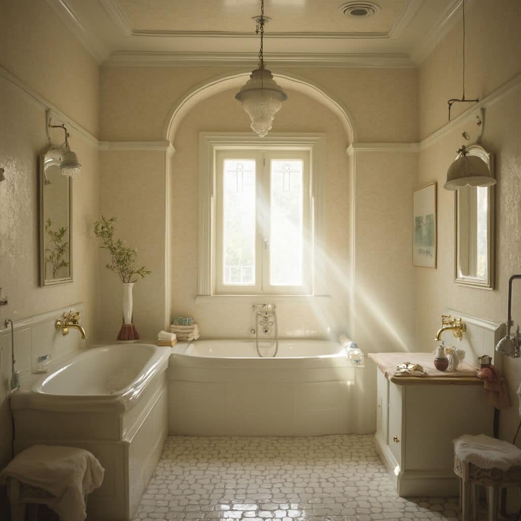 Vintage 1912 Buckstaff Bathhouse interior with white linens, brass fixtures, steam cabinets, soaking tubs, and detailed architecture under soft natural light
