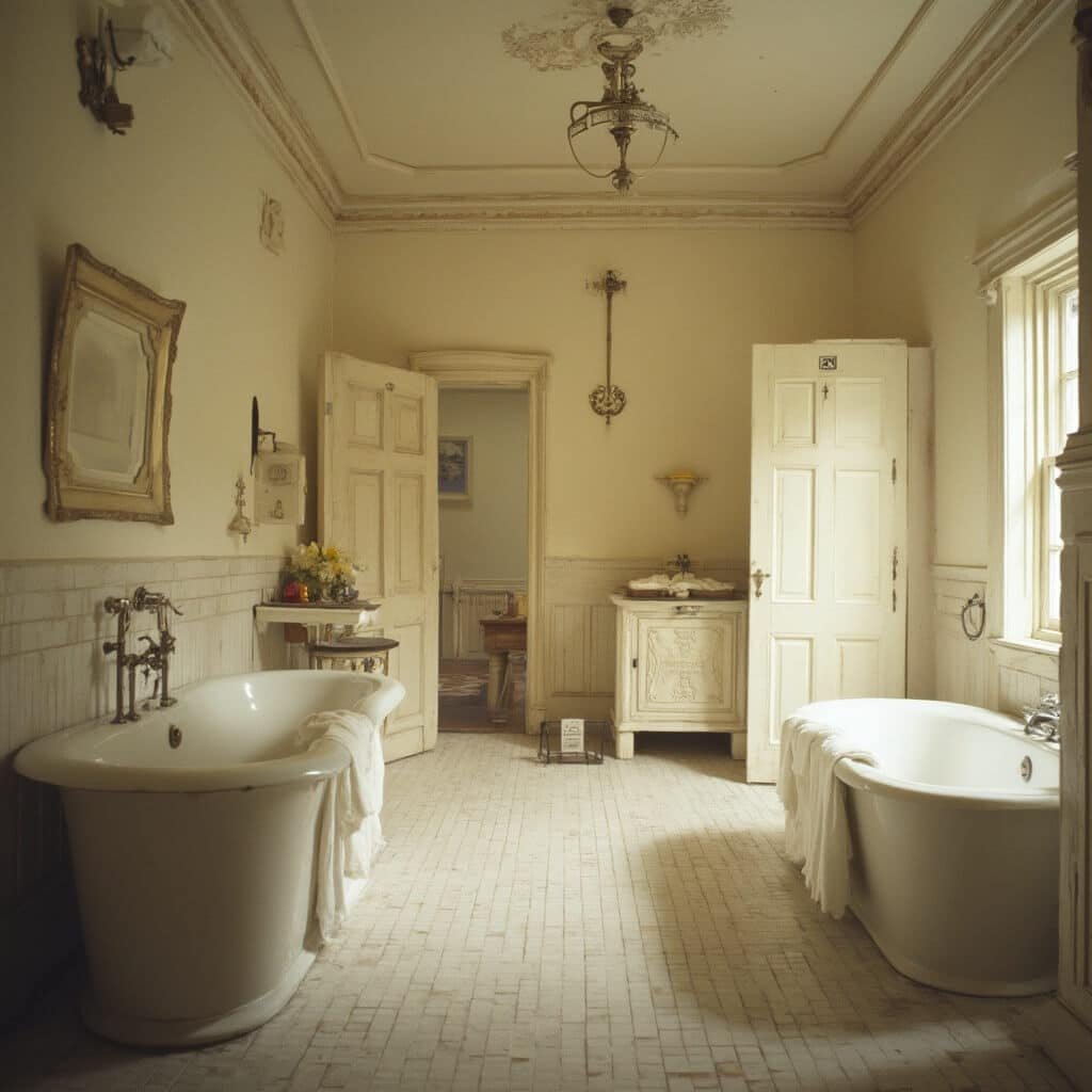 1912 vintage interior of Buckstaff Bathhouse with white linens, brass fixtures, steam cabinets, and soaking tubs under soft natural light