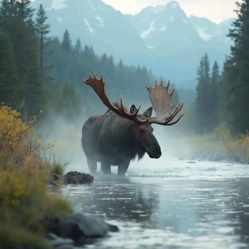 Bull moose standing in reflective waters of Snake River with morning mist around its antlers, Grand Teton wilderness and mountains in the background, in soft green and blue color palette