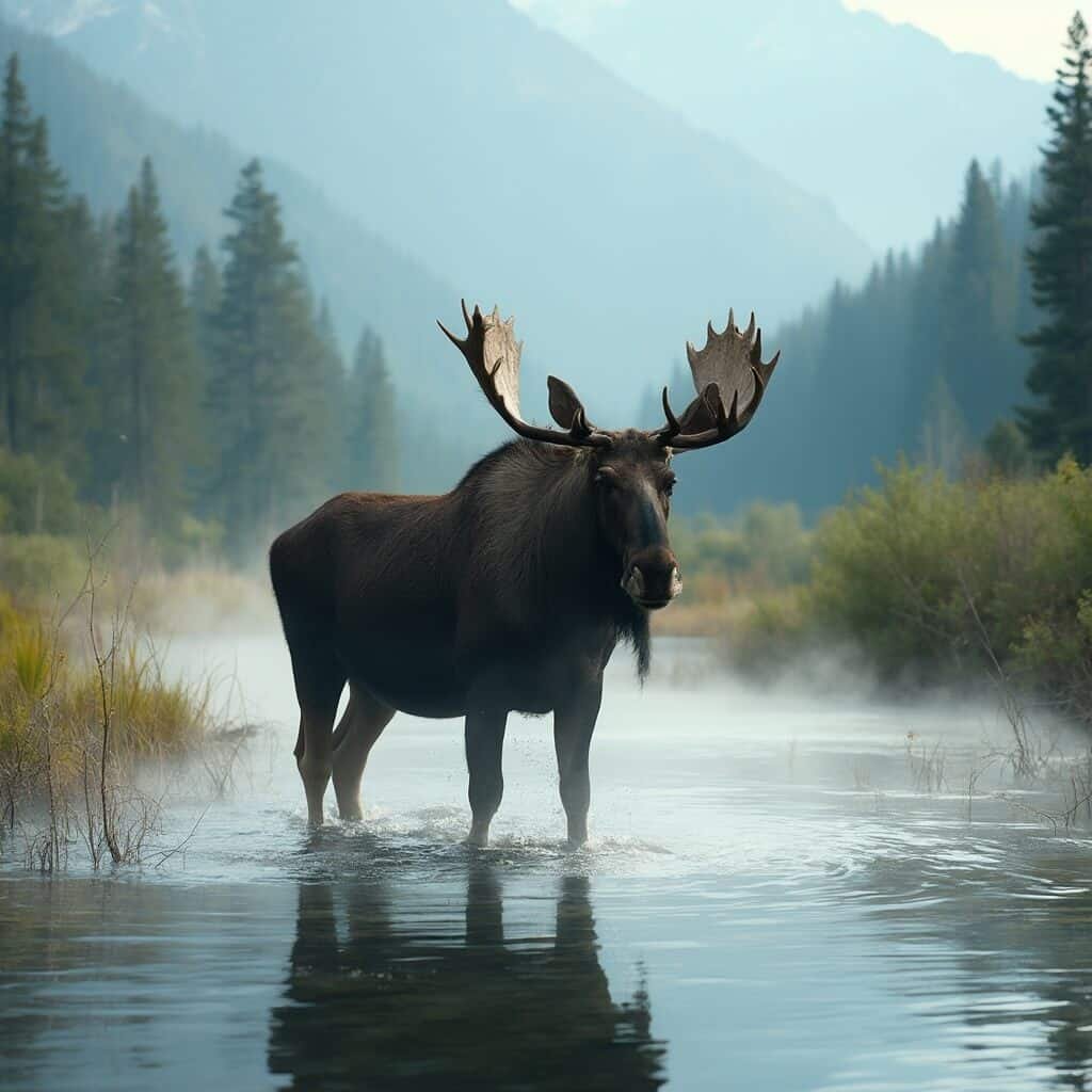 Majestic bull moose in Snake River's reflective waters with misty Grand Teton wilderness in soft focus background, illuminated by early morning sunlight