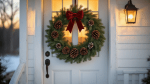 A warmly lit farmhouse front door adorned with a lush evergreen wreath featuring pinecones and a red velvet bow, with soft lighting casting dramatic shadows on a white wooden door, framed by weathered wood railings lightly dusted with snow.