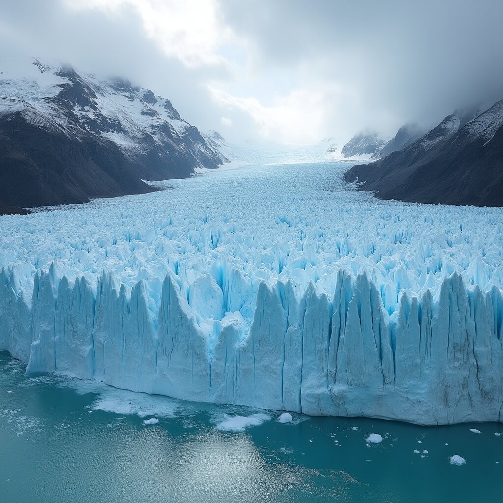 Columbia Icefield under early morning light showcasing azure glaciers, jagged mountain peaks, and geological striations
