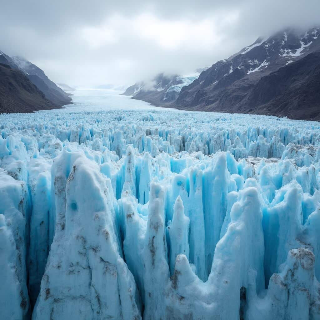 Columbia Icefield under morning light with azure glacial formations extending toward horizon, showing geological striations amid mountain peaks and contrasting rocky terrain
