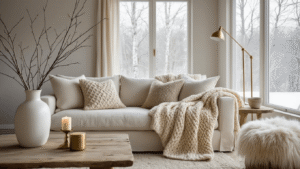Cozy minimalist winter living room with cream sofa, chunky knit throw, birch branches in vase, and warm ambient lighting.