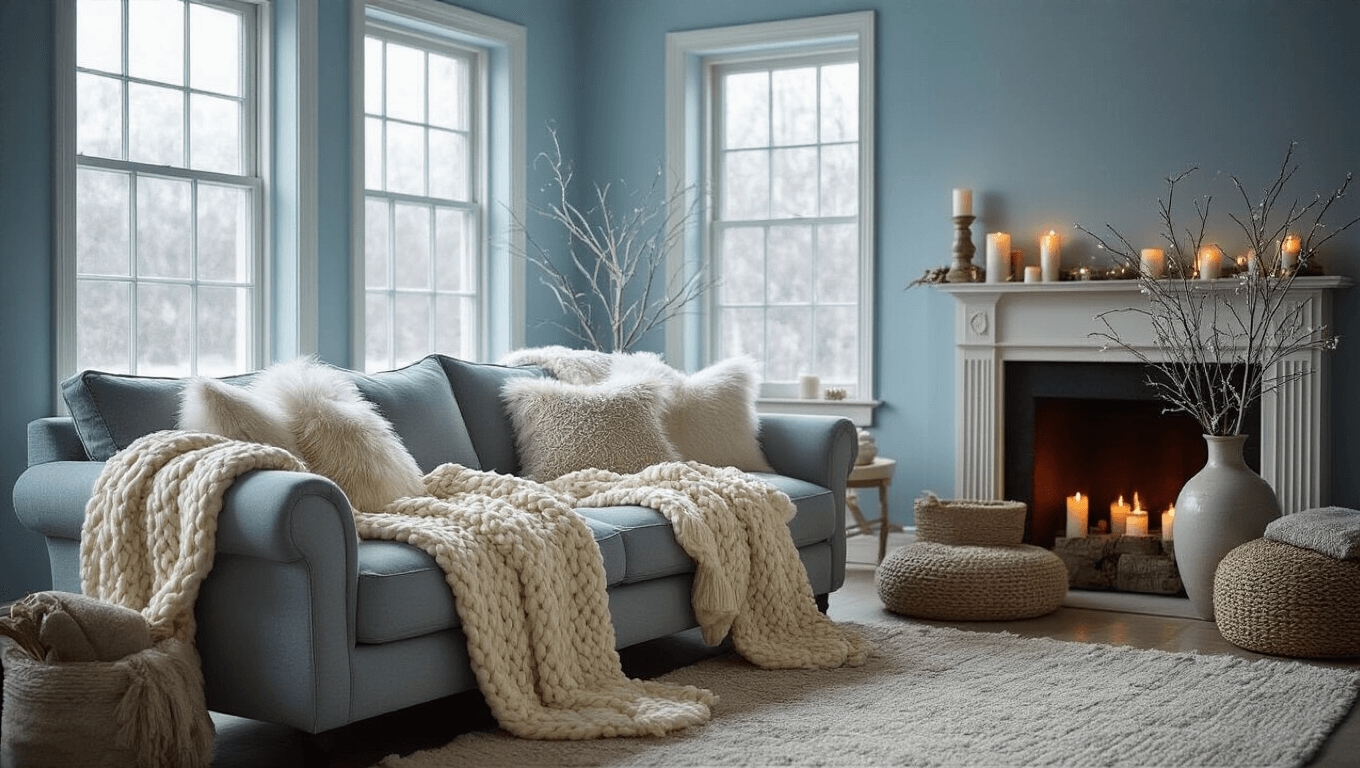 A cozy winter living room with powder blue walls, a dove gray sofa adorned with a chunky knit throw and faux fur pillows, layered rugs, frosted windows, silver branches in a vase, and flickering candles, all bathed in soft morning light.