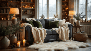 Cinematic interior shot of a cozy winter living room with a charcoal sofa, chunky knit throws, and warm lighting, featuring rustic decor and a hygge atmosphere.