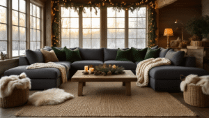 Cozy winter living room featuring warm golden hour lighting, oversized charcoal sectional with cream throws and green pillows, layered jute and sheepskin rugs, reclaimed wood coffee table styled with evergreen branches and candles, string lights on exposed beams, and rich textures of wool and velvet, captured from a corner angle.