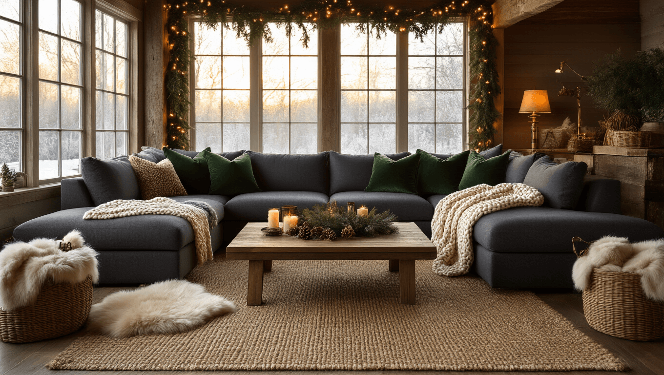 Cozy winter living room featuring warm golden hour lighting, oversized charcoal sectional with cream throws and green pillows, layered jute and sheepskin rugs, reclaimed wood coffee table styled with evergreen branches and candles, string lights on exposed beams, and rich textures of wool and velvet, captured from a corner angle.