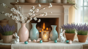 Elegant fireplace mantel decorated for Easter with pastel ceramic vases, cherry blossom garland, mercury glass candle holders, vintage bunny figurines, lavender pots, jeweled eggs, and a cream linen runner, all illuminated by warm natural light.
