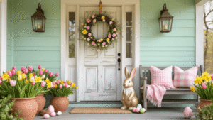 Inviting Easter porch decorated with pastel flowers and eggs, featuring a weathered white door, terracotta planters with vibrant tulips and daffodils, a ceramic bunny, and cozy gingham pillows, all bathed in warm golden hour light.