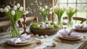Cinematic Easter tablescape with vintage lace, burlap, pastel eggs, tulips, and warm candlelight on a rustic wooden table.
