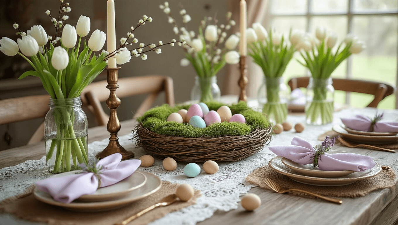 Cinematic Easter tablescape with vintage lace, burlap, pastel eggs, tulips, and warm candlelight on a rustic wooden table.