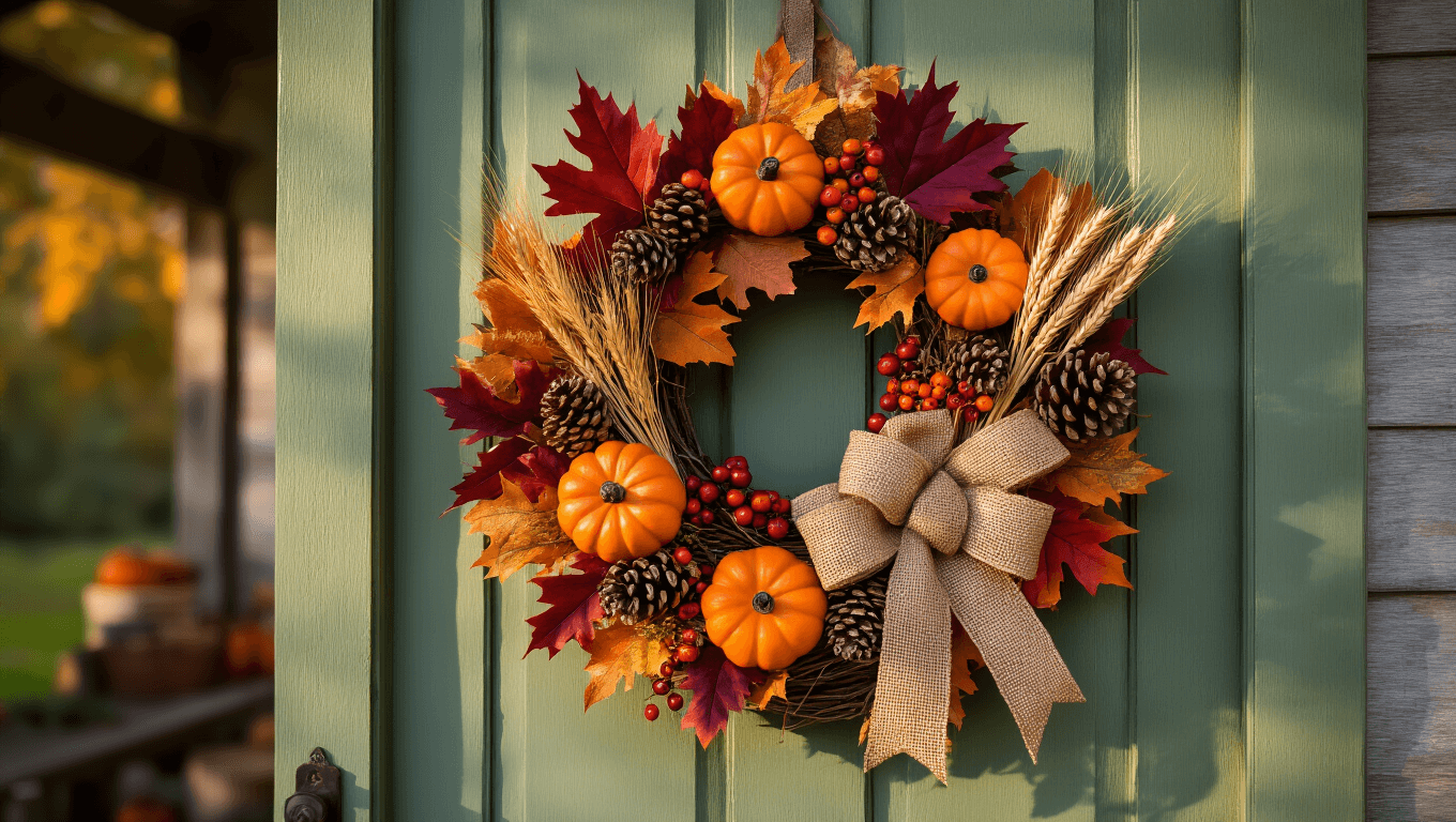 Cinematic close-up of a handcrafted fall wreath on a weathered sage green door, adorned with burgundy maple leaves, orange pumpkins, wheat stalks, hypericum berries, and pine cones, illuminated by warm golden hour lighting.