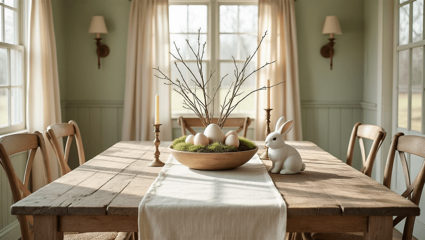 A sunlit farmhouse dining room featuring a rustic Easter tablescape, with a reclaimed wood table adorned with a cream linen runner, a dough bowl filled with pastel faux eggs, and a small white bunny among pussy willow branches, set against soft sage green shiplap walls and weathered oak chairs, all captured in a warm, inviting atmosphere.