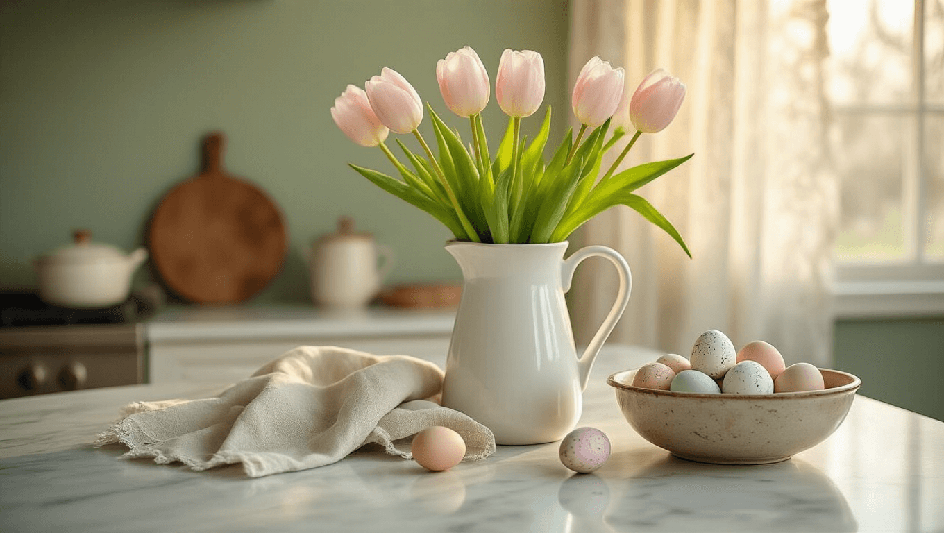 A softly lit modern farmhouse kitchen featuring a white marble countertop, pale pink tulips in a vintage pitcher, speckled ceramic eggs in an antique dough bowl, and rustic linen towels, with muted sage green walls and delicate lace curtains.