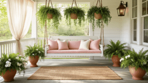 Cinematic golden hour view of a farmhouse porch featuring a whitewashed swing with blush pink cushions, hanging ivy planters, terra cotta urns of petunias and ferns, vintage brass lanterns, jute rug, sheer curtains, and textured wood decking, all bathed in soft sunlight for a welcoming atmosphere.