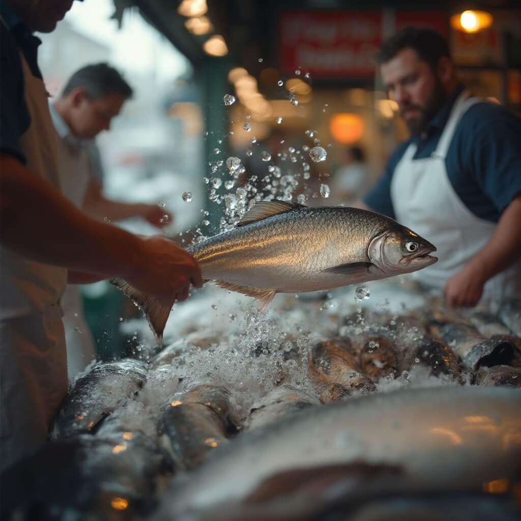 Dramatic close-up of a flying fresh salmon in mid-air at Pike Place Fish Market, with blurred fishmongers in traditional white aprons in the background
