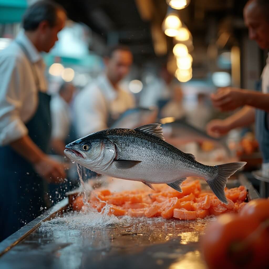 Fishmonger tossing a fresh silver salmon in mid-air at the Pike Place Fish Market, captured at high-speed capturing detail on fish scales and hands.
