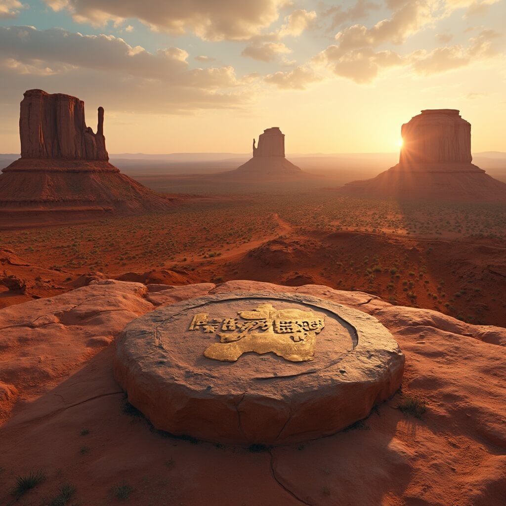 Photorealistic panorama of Four Corners Monument during golden hour, highlighting granite marker with bronze inlay, red rock terrain, sharp geological formations, and Navajo Nation landscape under a warm-toned cloudless sky