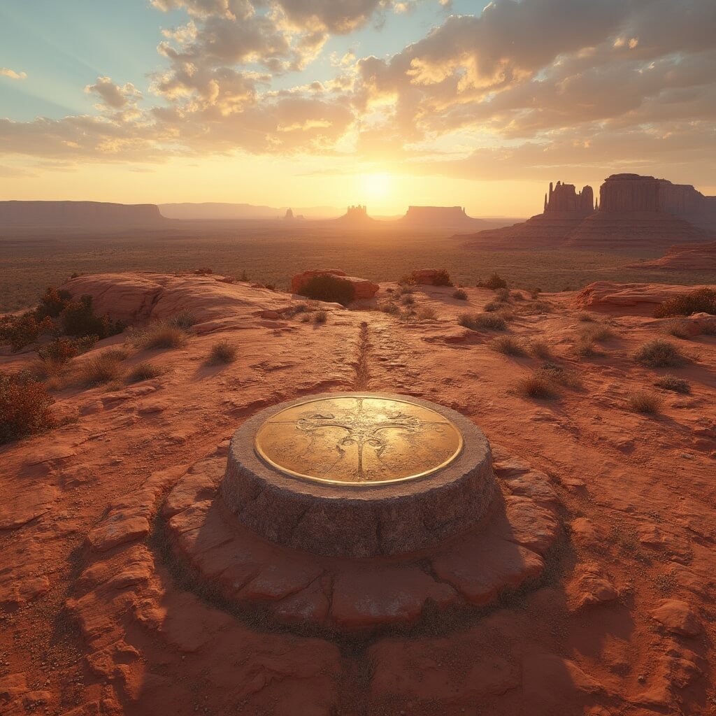 Four Corners Monument at golden hour featuring precise granite marker with bronze inlay, dramatic red rock desert terrain, sharp geological formations, state boundary lines, panoramic view of Navajo Nation landscape, and a clear sky with warm amber and rust tones.