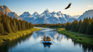 "A guided raft carrying tourists floats on the Snake River in Grand Teton National Park, with snow-capped Teton mountain peaks, dense forests, a soaring bald eagle and a riverside moose in view, bathed in golden hour light."