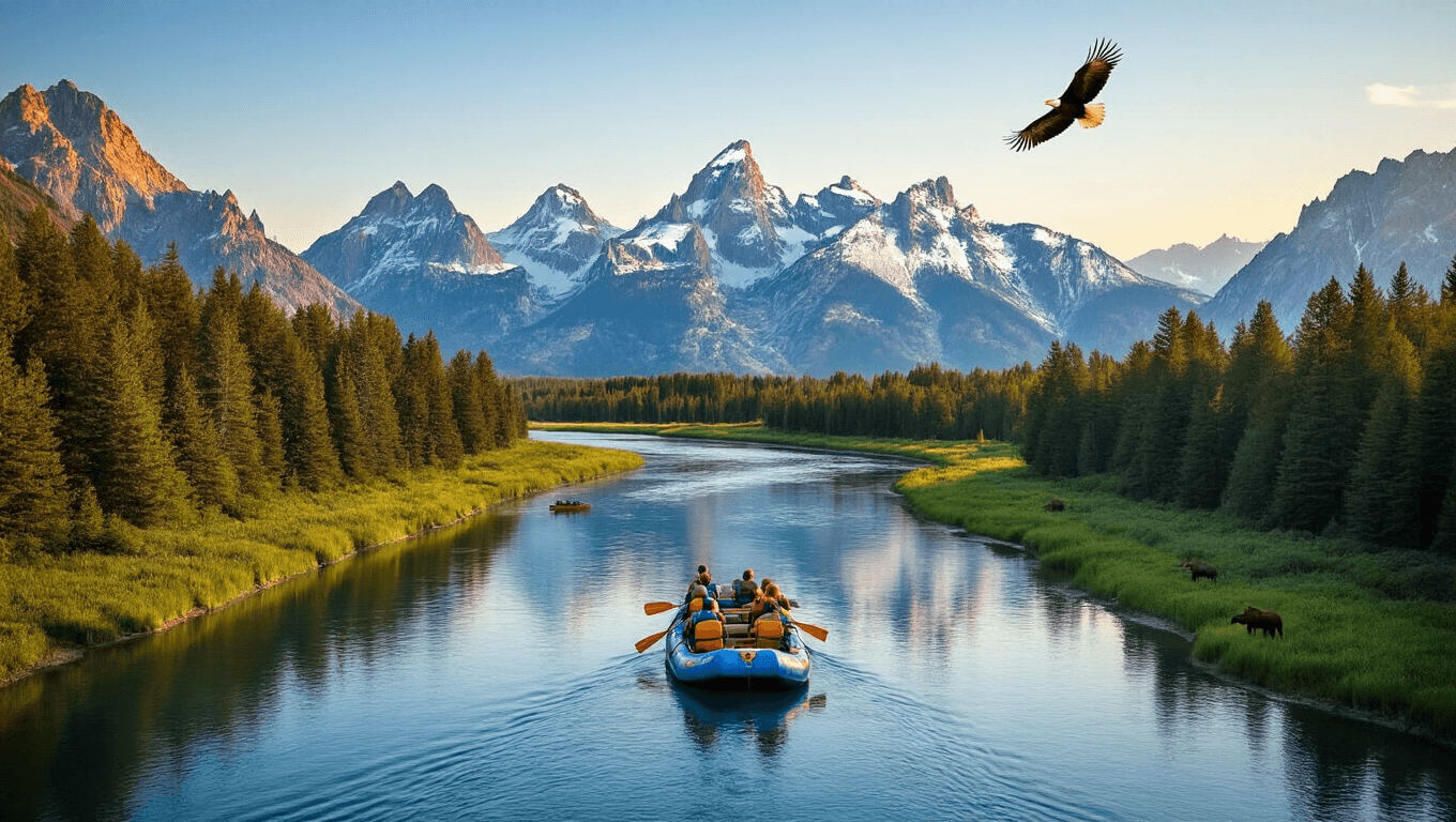 "A guided raft carrying tourists floats on the Snake River in Grand Teton National Park, with snow-capped Teton mountain peaks, dense forests, a soaring bald eagle and a riverside moose in view, bathed in golden hour light."