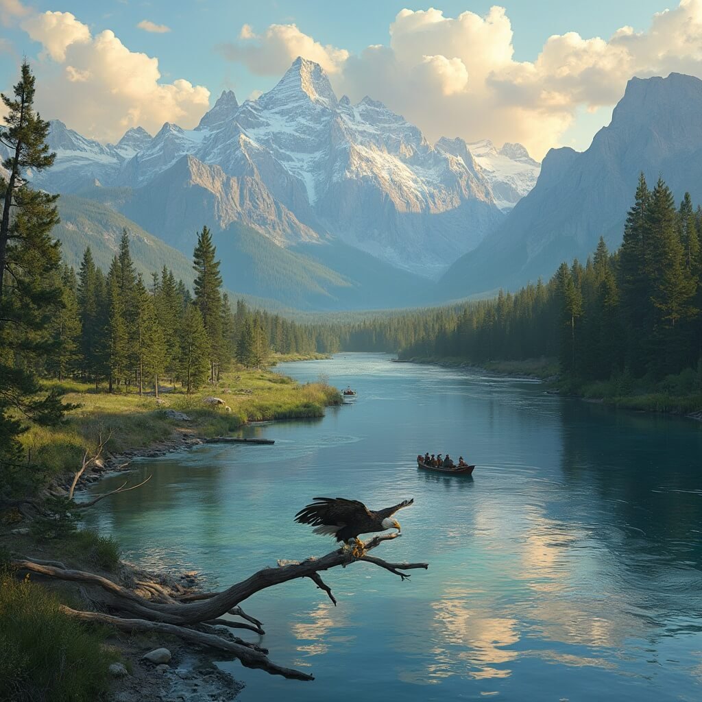 Adventurers on a raft in Snake River winding through Grand Teton National Park at sunset, with lush greenery, snow-capped mountains reflecting in clear water, and a bald eagle perched on a branch