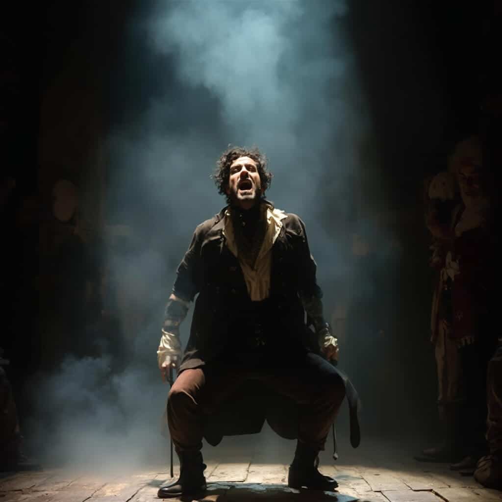 Lead actor in revolutionary era costume passionately posing center stage during a dramatic scene in Hamilton, illuminated by dramatic lighting against a colonial architectural background with theatrical smoke subtly framing the scene.