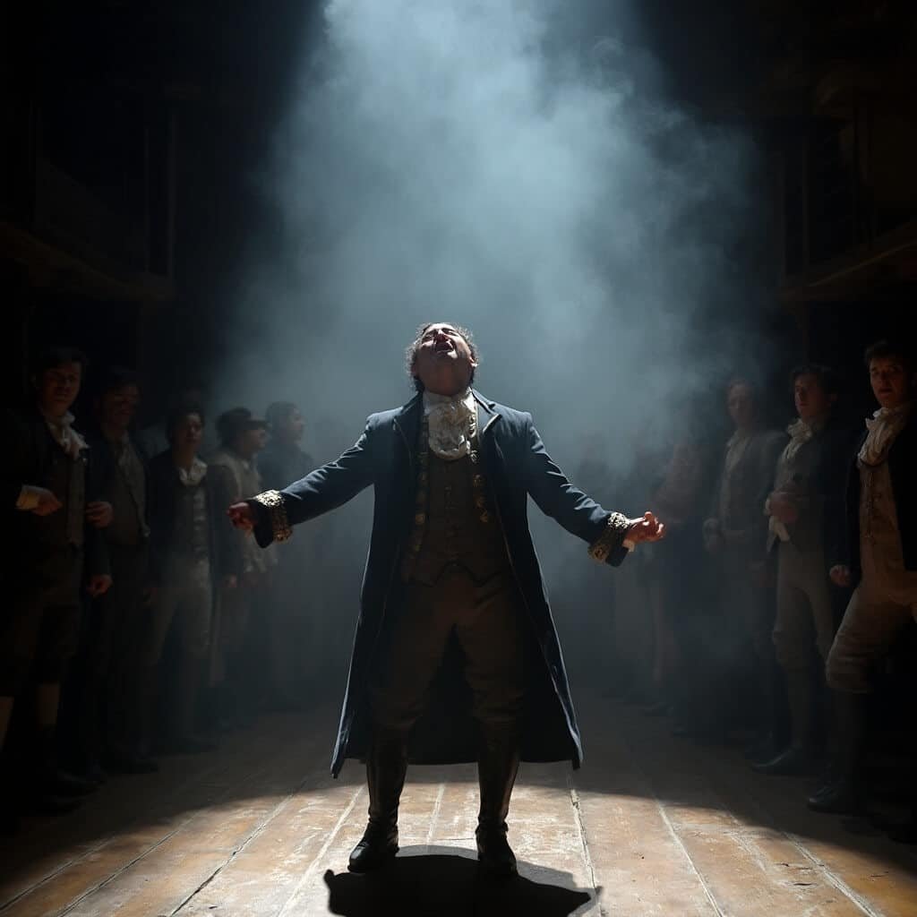 Lead actor in Hamilton poignantly posed center stage in revolutionary era costume, dramatically lit under colonial architecture, with shadows and theatrical smoke enhancing the intensity.