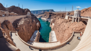 "Hoover Dam viewed from Mike O'Callaghan-Pat Tillman Memorial Bridge, showing Lake Mead, Colorado River, visitors on observation deck, Art Deco intake towers, power plant buildings, and desert canyon under Nevada-Arizona sunshine."