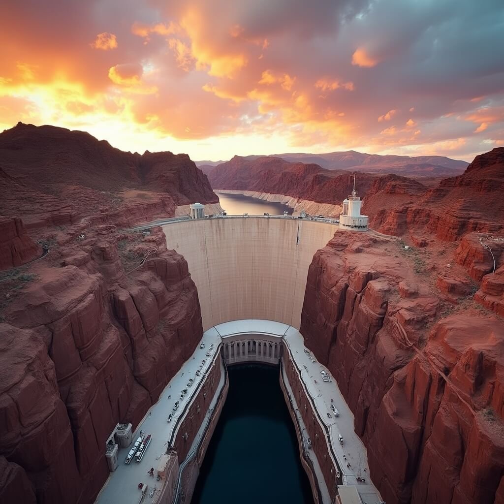 Hoover Dam at golden hour displaying its massive concrete architecture against a dramatic desert backdrop with azure Colorado River flowing beneath and a vibrant southwestern sunset sky.